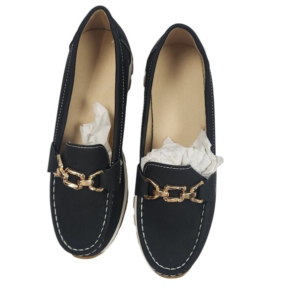 Black Loafers W/ Gold Buckle Accent Women Size 8 (EU41) Stylish Casual Comfort - Picture 1 of 11